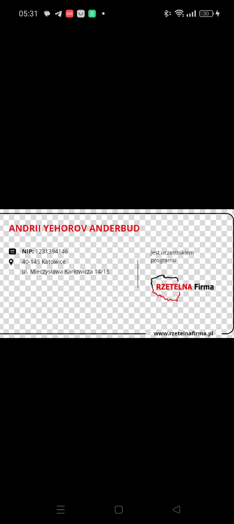 Wizytówka firmy budowlanej: ANDRII YEHOROV ANDERBUD z NIP, adresem w Katowicach i logiem 'Rzetelna Firma'.