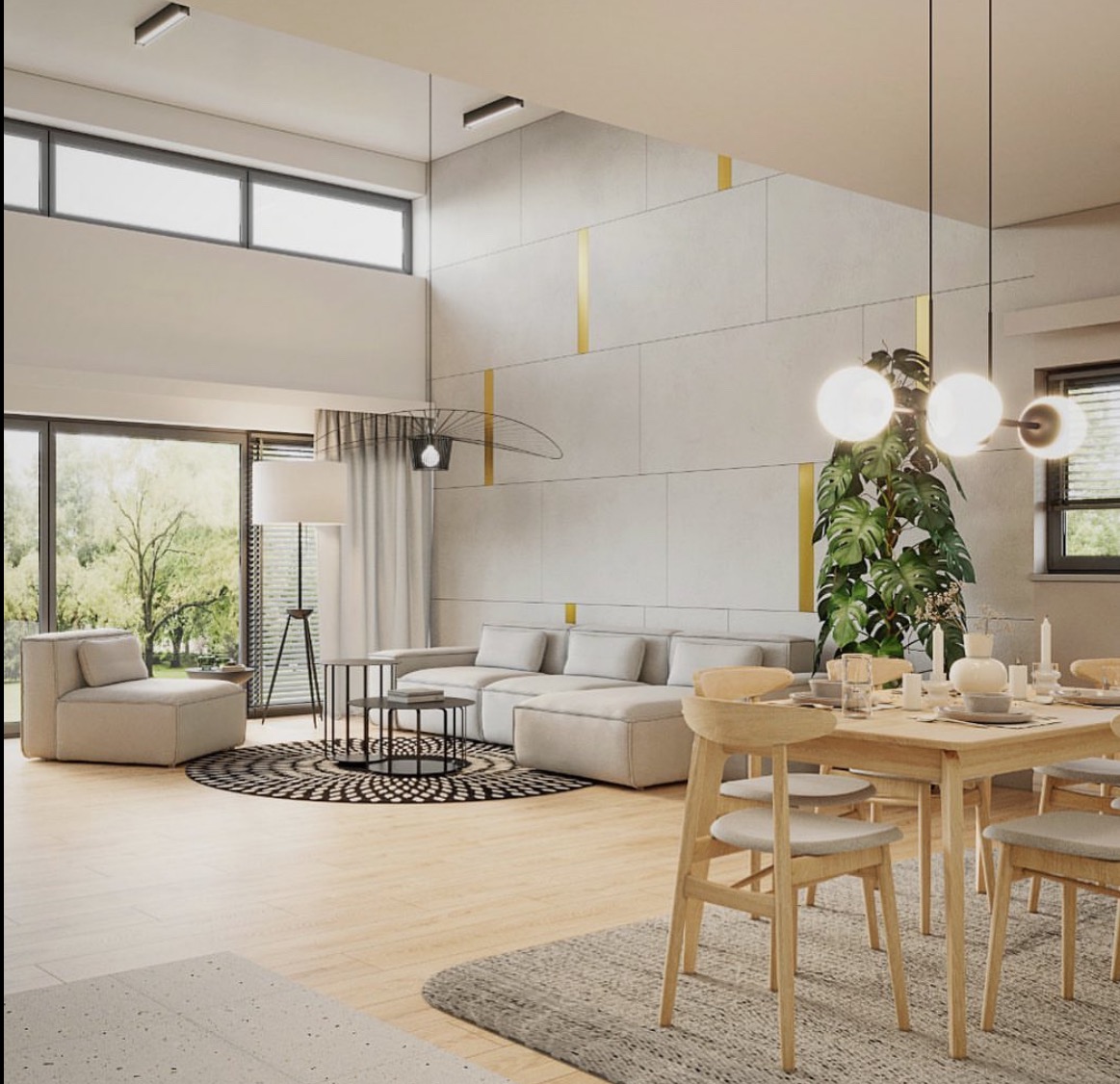 Jasne, przestronne wnętrze: salon z narożną sofą, okrągłym dywanem i stolikami kawowymi, jadalnia z drewnianym stołem i krzesłami, wysoka ściana z dekoracyjnymi złotymi paskami, duża roślina...