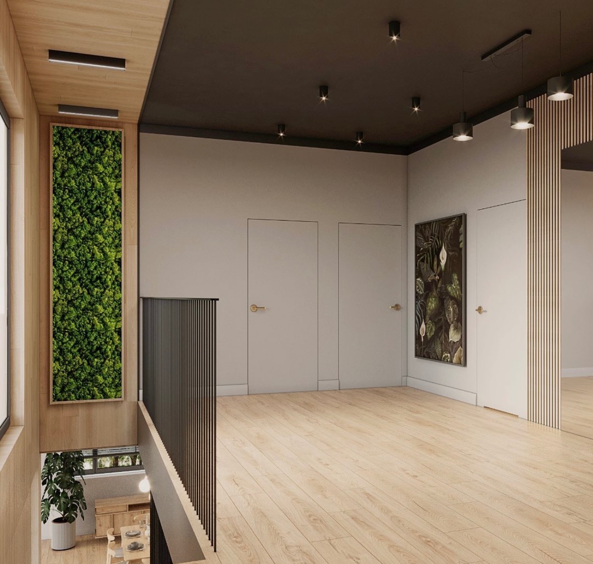 Jasne, przestronne wnętrze z drewnianą podłogą i pionowym ogrodem z mchu na ścianie, minimalistyczne drzwi, czarne elementy oświetleniowe i balustrada, obraz z motywami roślinnymi.