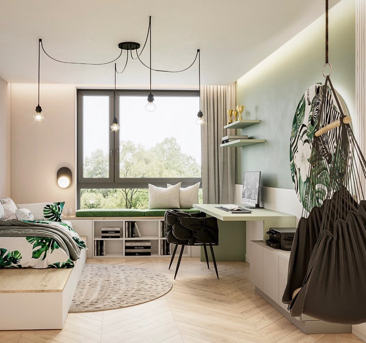 Pokój młodzieżowy z łóżkiem, biurkiem i hamakiem wiszącym na ścianie, utrzymany w jasnej kolorystyce z akcentami zieleni, z widokiem na drzewa za oknem.