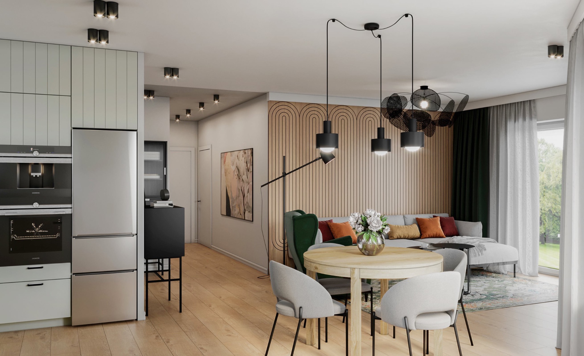 Nowoczesne wnętrze mieszkania z otwartą kuchnią, jadalnią i salonem; drewniana ściana z dekoracyjnymi łukami, okrągły stół z bukietem kwiatów, szara sofa z kolorowymi poduszkami, minimalistyczne...