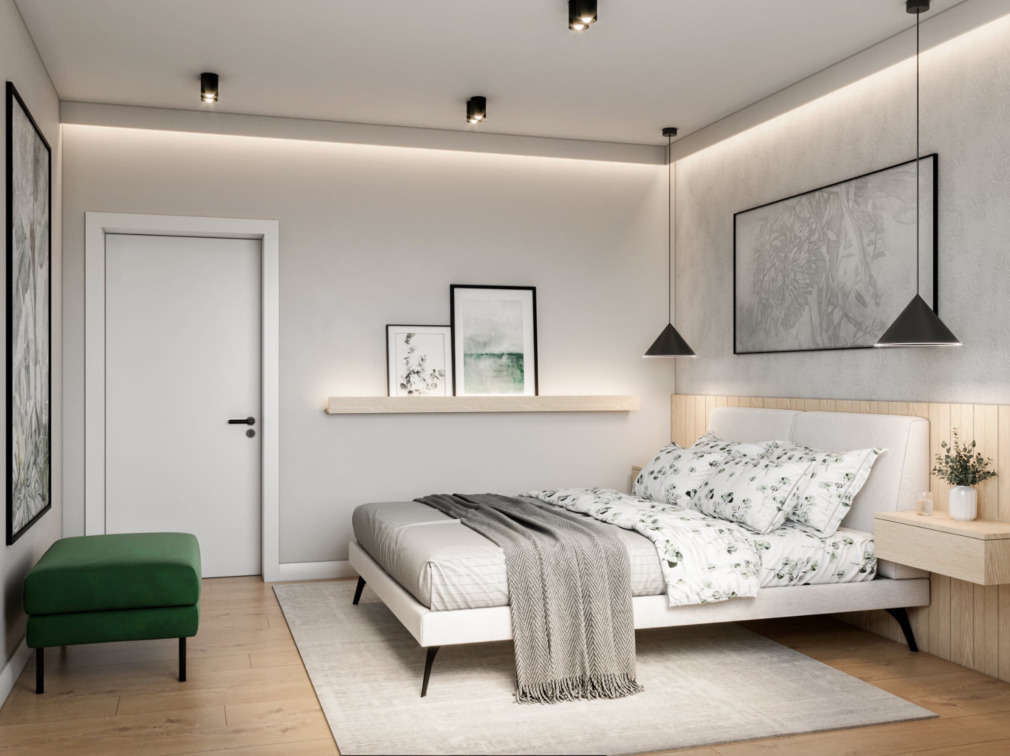 Nowoczesna sypialnia z białym łóżkiem, szarą narzutą, drewnianą podłogą, zielonym pufem i minimalistycznym oświetleniem.