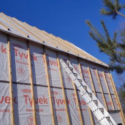 Eagle Tech Krystian Orłowski - Budowa domu szkieletowego: widok na ściany z membraną Tyvek, drewniane belki i drabinę opartą o budynek na tle błękitnego nieba i drzewa iglastego.