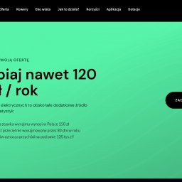 Strony internetowe & marketing - VNEA - Strona internetowa z ofertą wynajmu rowerów elektrycznych, z hasłem 'Zarabiaj nawet 120 tys zł / rok' i przyciskiem 'Zaczynamy'.