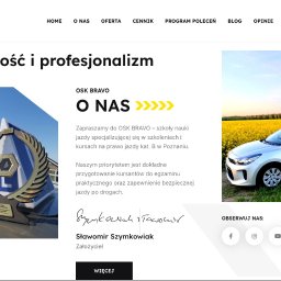 Strony internetowe & marketing - VNEA - Strona internetowa szkoły jazdy OSK Bravo z nagrodą na tle mostu i samochodem z napisem Bravo na tle pola rzepaku.