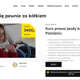 Strony internetowe & marketing - VNEA - Strona internetowa szkoły jazdy OSK Bravo z Poznania, prezentująca kurs prawa jazdy kategorii B, z wizerunkiem młodej kobiety za kierownicą, trzymającej w ręku prawo jazdy i hasłem 'Poczuj się...
