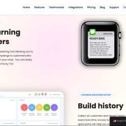 Strony internetowe & marketing - VNEA - Ekran strony internetowej z narzędziami marketingowymi dla serwisu rowerowego, widoczny interfejs użytkownika z danymi klienta, statystykami i powiadomieniem na smartwatchu o promocji.