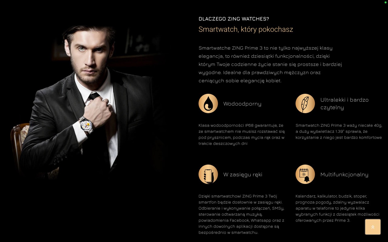 Mężczyzna w garniturze, poprawiający krawat, prezentuje smartwatch ZING Prime 3 na nadgarstku w eleganckim, stonowanym oświetleniu.