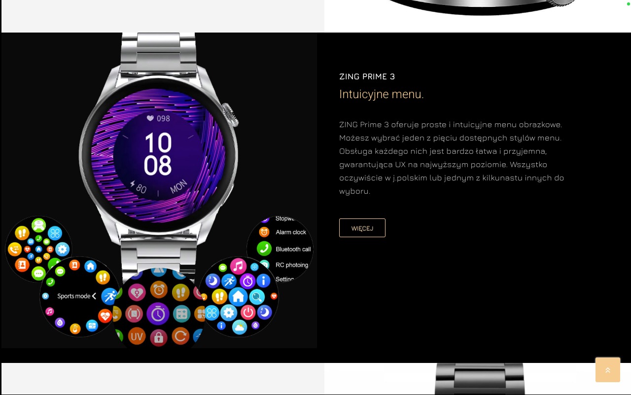 Smartwatch ZING Prime 3 na metalowej bransolecie, wyświetlający godzinę 10:08 oraz ikony aplikacji w okręgach, prezentowany na stronie internetowej z tekstem o intuicyjnym menu.