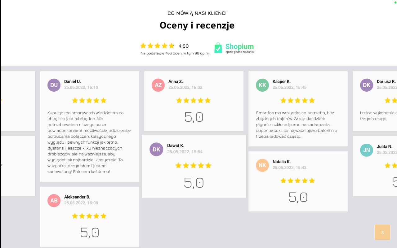 Zrzut ekranu sekcji 'Oceny i recenzje' strony internetowej, prezentujący opinie klientów z ocenami 5-gwiazdkowymi oraz tekstem chwalącym produkty, z logo Shopium jako platformy zbierającej opinie.