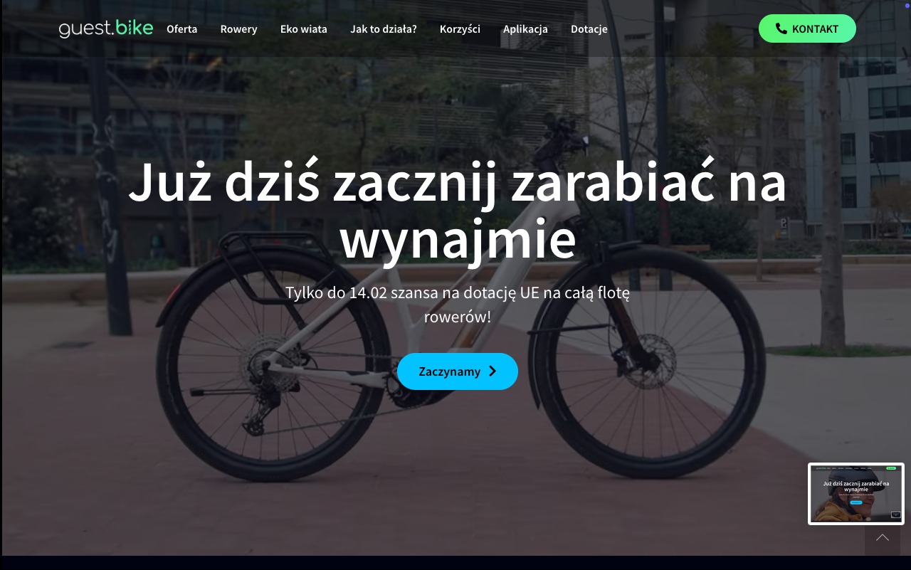 Strona internetowa z rowerem elektrycznym w tle i hasłem 'Już dziś zacznij zarabiać na wynajmie', promująca platformę rowerową w Warszawie.