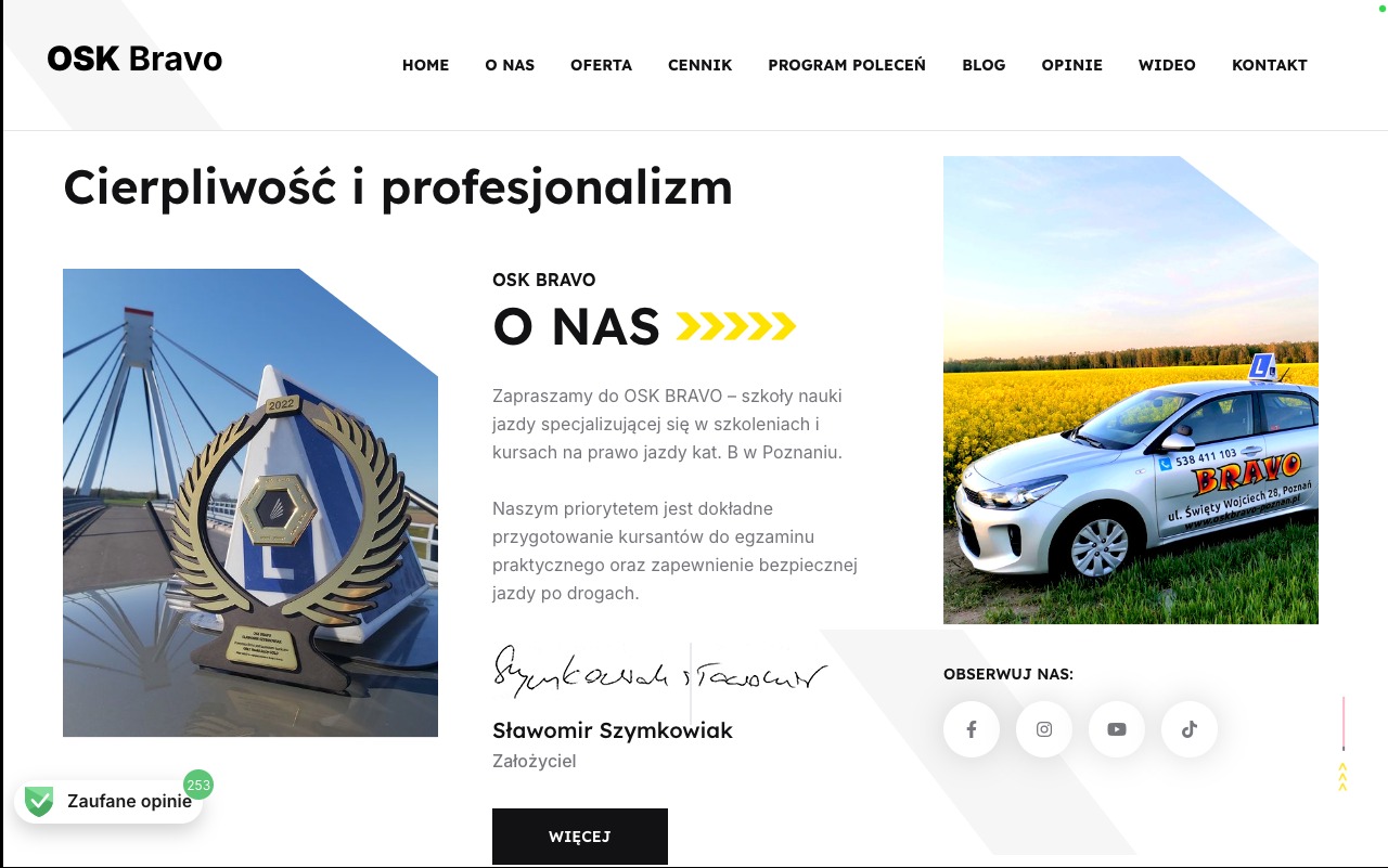 Strona internetowa szkoły jazdy OSK Bravo z nagrodą na tle mostu i samochodem z napisem Bravo na tle pola rzepaku.