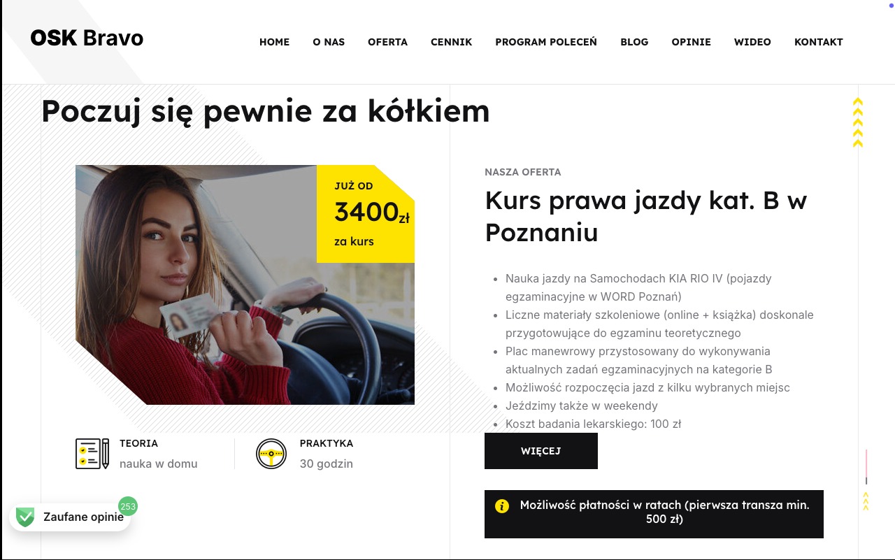 Strona internetowa szkoły jazdy OSK Bravo z Poznania, prezentująca kurs prawa jazdy kategorii B, z wizerunkiem młodej kobiety za kierownicą, trzymającej w ręku prawo jazdy i hasłem 'Poczuj się...