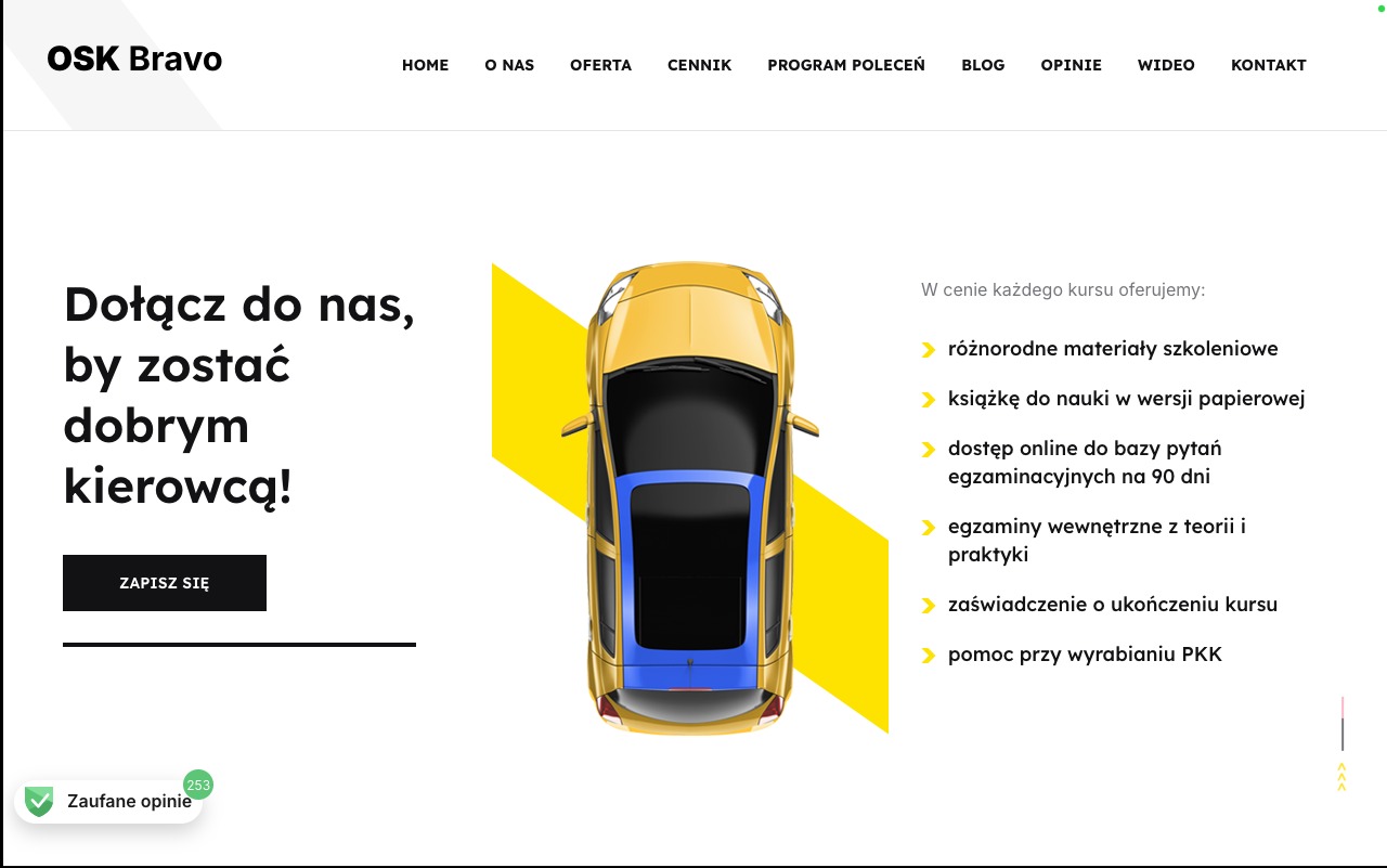Strona internetowa szkoły jazdy OSK Bravo z żółtym samochodem widzianym z góry i informacją o kursach oraz materiałach szkoleniowych.