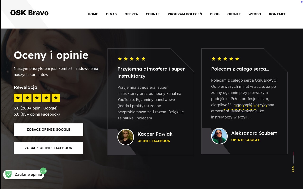 Strona internetowa szkoły jazdy OSK Bravo z sekcją opinii klientów, zawierającą oceny 5.0 z Google i Facebooka oraz pozytywne recenzje z imionami i zdjęciami klientów.