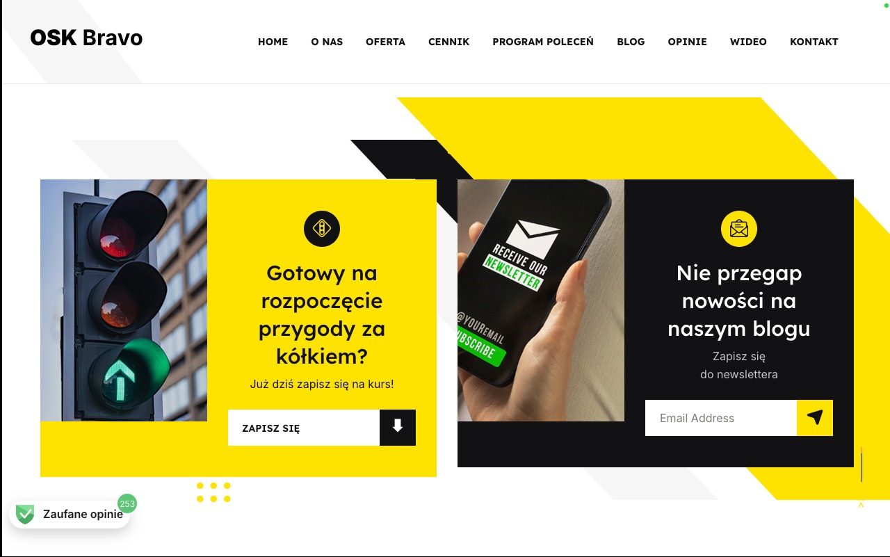 Strona internetowa szkoły jazdy OSK Bravo z elementami graficznymi: sygnalizacja świetlna z zieloną strzałką, smartfon z newsletterem i formularz zapisu na newsletter.