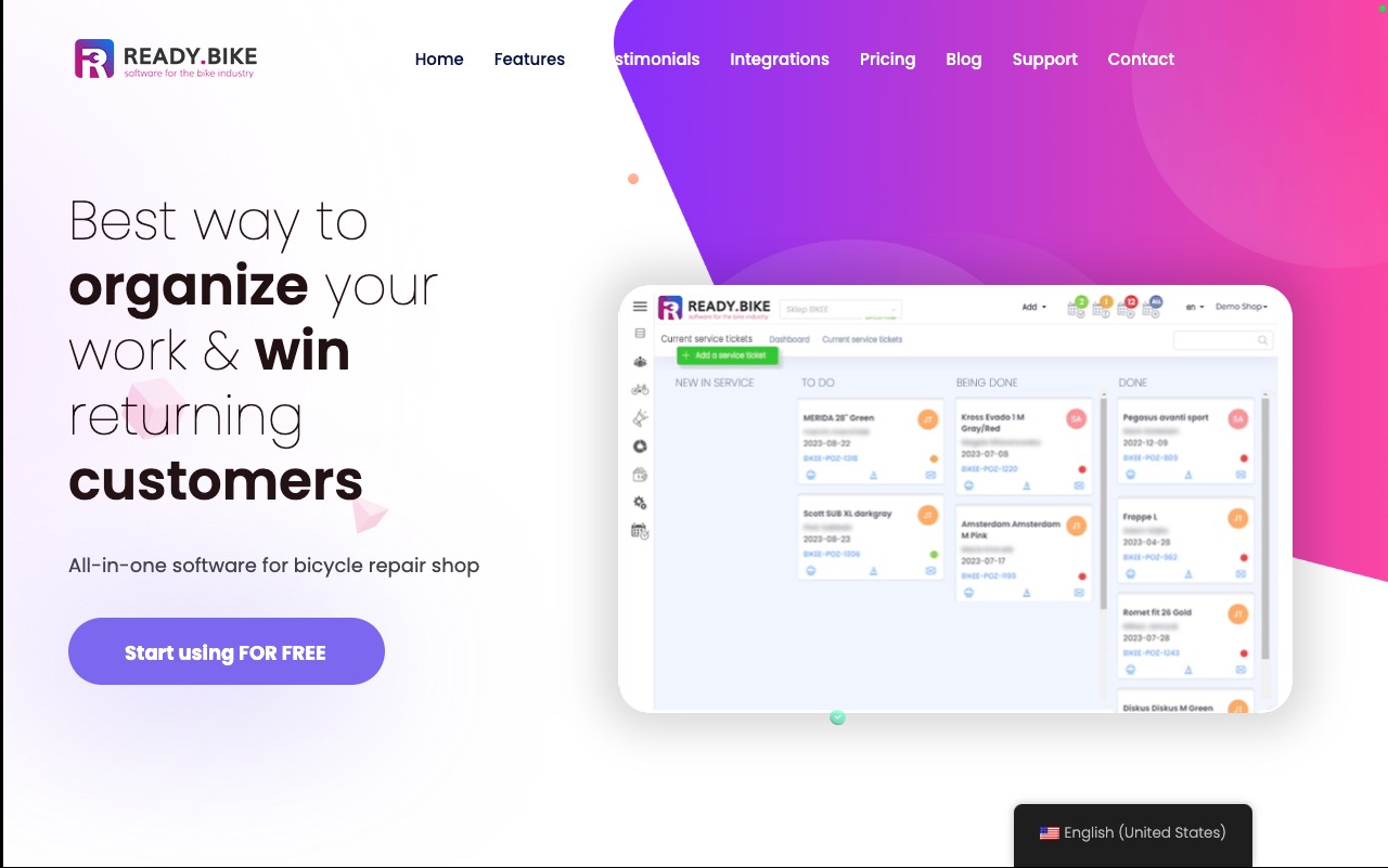 Ekran interfejsu oprogramowania Ready.Bike do zarządzania serwisem rowerowym, prezentujący listę zleceń w różnych statusach: 'Nowe w serwisie', 'Do zrobienia', 'W trakcie realizacji' i 'Zrobione'...