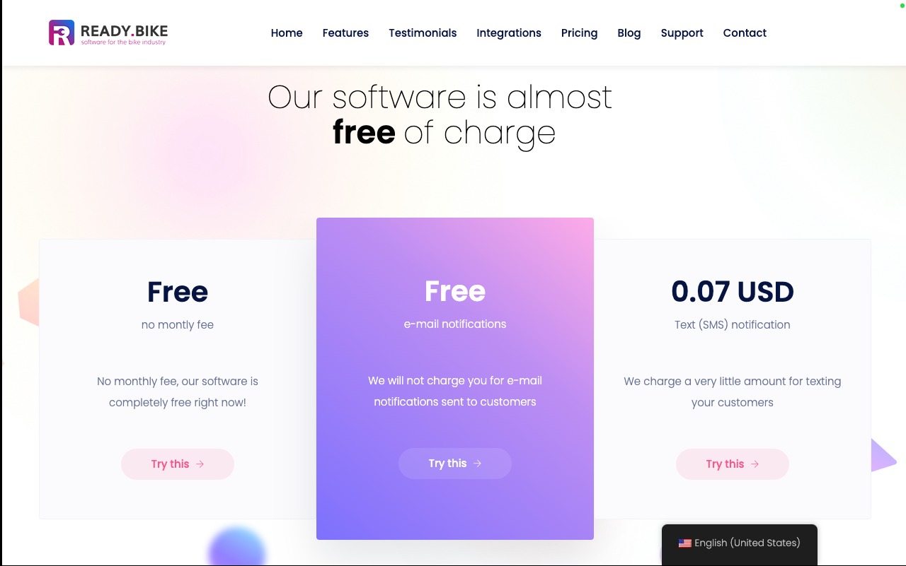 Cennik oprogramowania dla branży rowerowej, oferujący darmowe opcje i płatne powiadomienia SMS, wyświetlany na stronie internetowej z gradientowym tłem.