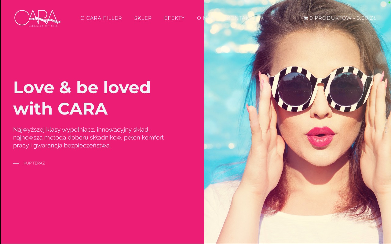 Strona internetowa z wizerunkiem kobiety w okularach, prezentująca ofertę wypełniaczy i kosmetyków marki CARA.