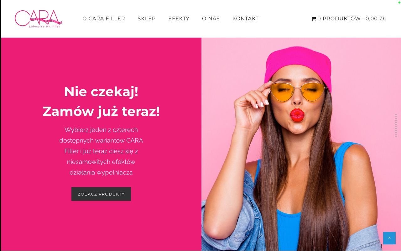 Landing page strony internetowej z wizerunkiem kobiety w różowej czapce i żółtych okularach, promującej CARA Filler.