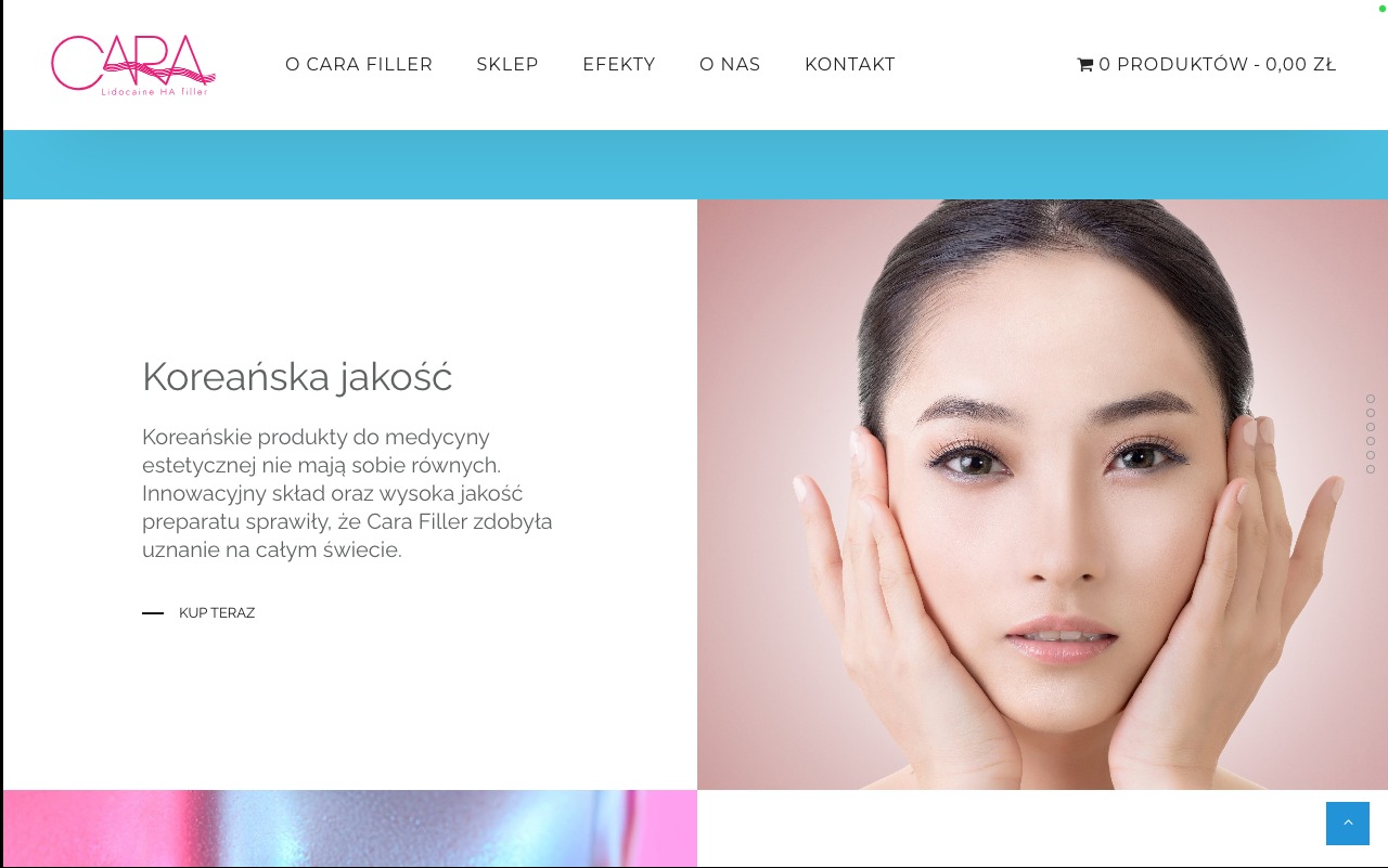 Strona internetowa marki Cara Filler prezentująca produkt z bliskim ujęciem twarzy modelki z dłońmi przy policzkach na różowym tle.