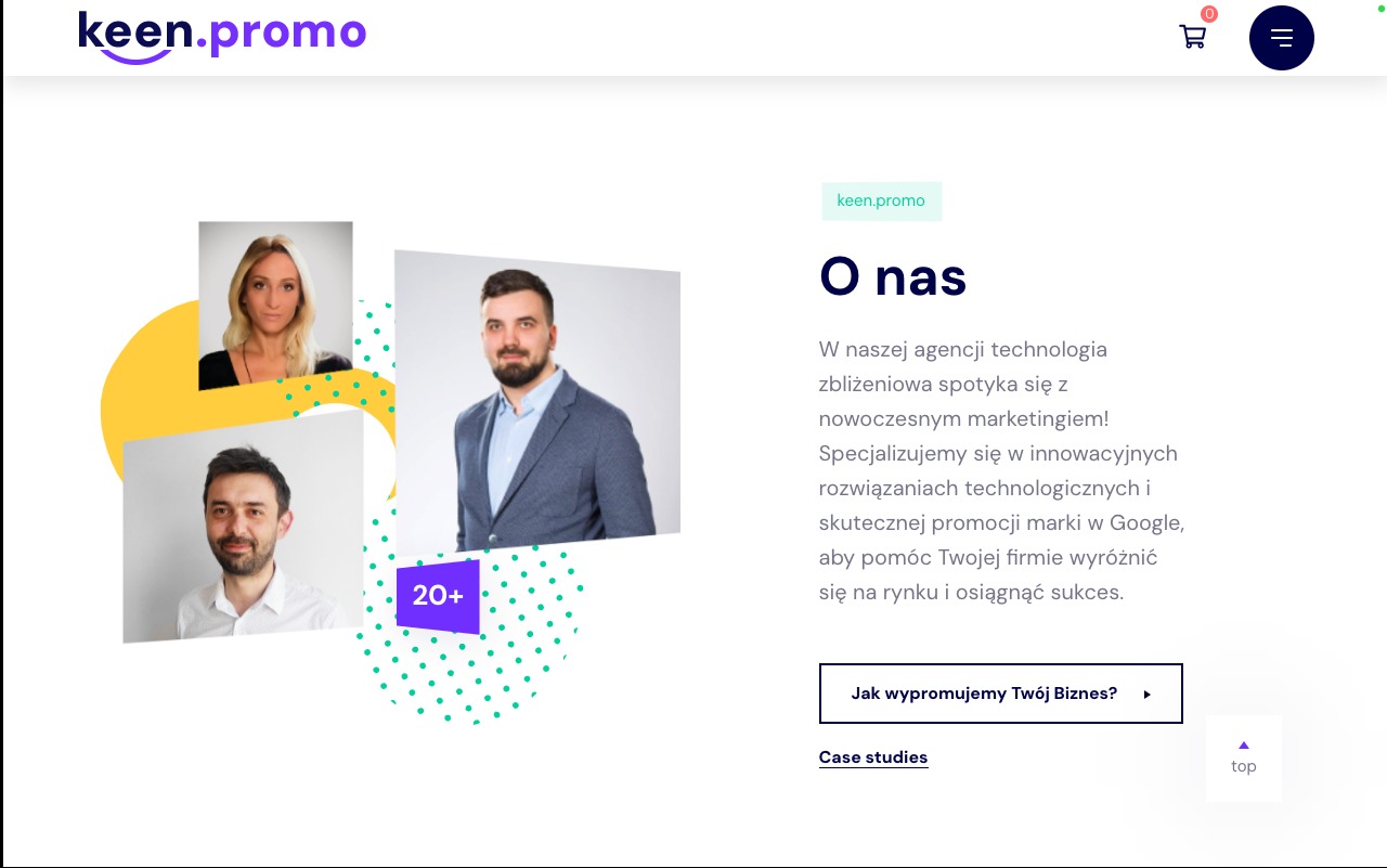 Strona internetowa agencji interaktywnej z sekcją 'O nas', prezentująca zdjęcia zespołu na tle abstrakcyjnych, kolorowych kształtów.