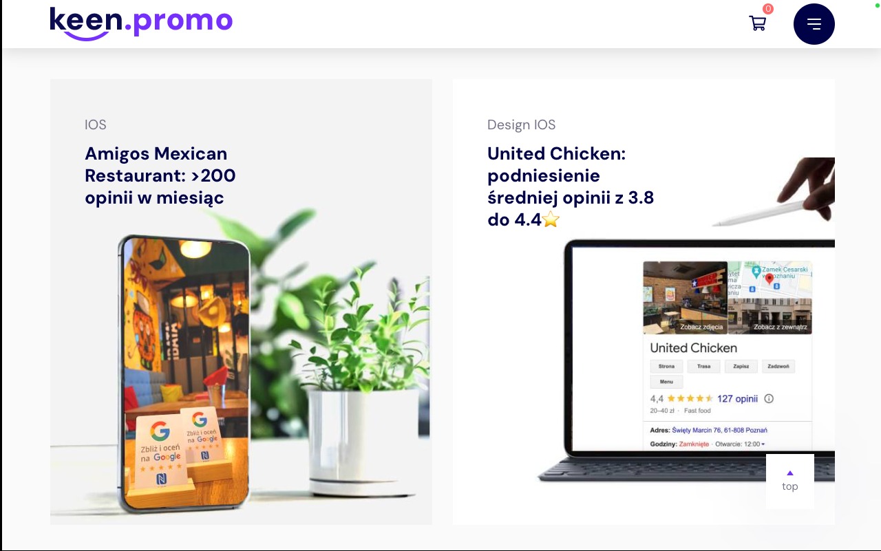 Prezentacja mobilna i desktopowa interfejsu aplikacji restauracji z widocznymi ocenami na Google Maps, obok doniczka z rośliną.