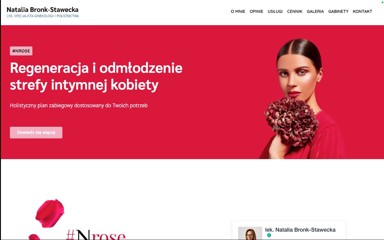 Strona internetowa ginekologa z hasłem 'Regeneracja i odmłodzenie strefy intymnej kobiety', modelka z bordową hortensją na czerwonym tle.