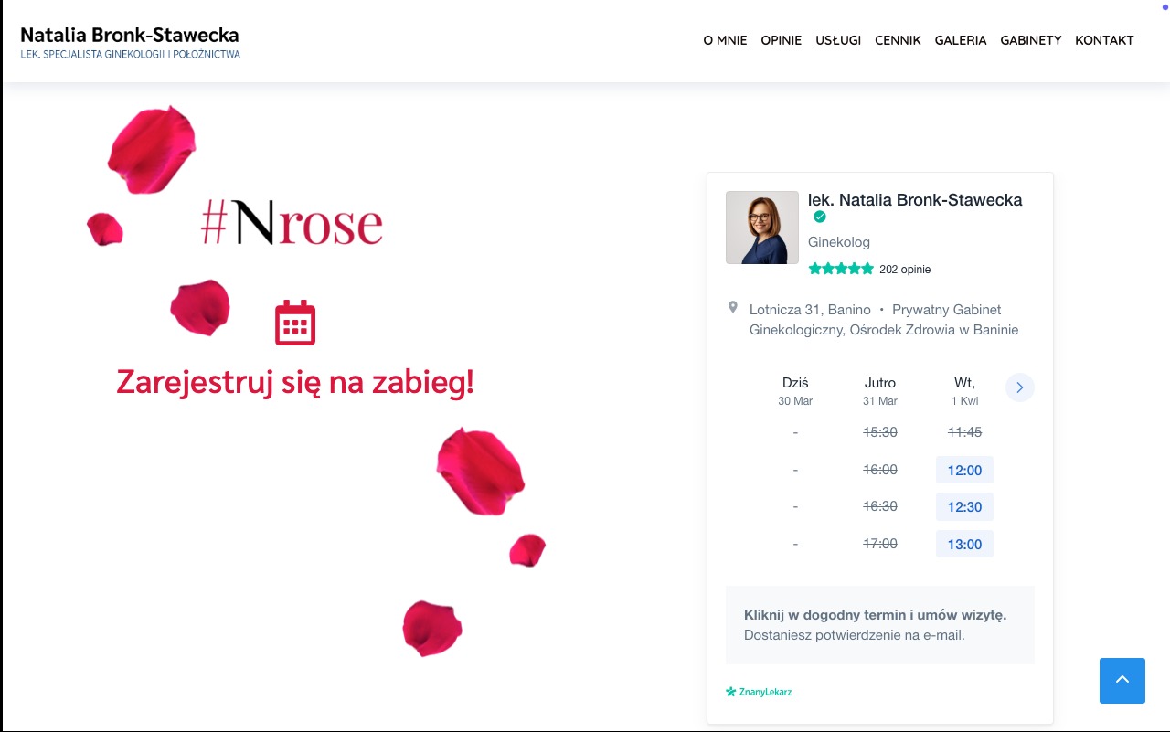 Strona internetowa ginekologa Natalia Bronk-Stawecka z informacją o możliwości rejestracji na zabieg, grafiką z płatkami róż i formularzem rezerwacji wizyty.