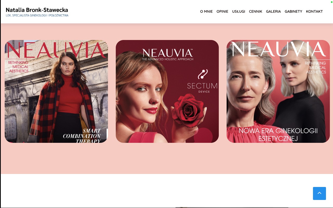 Strona internetowa ginekologa estetycznego prezentująca zdjęcia reklamowe produktów marki Neauvia.