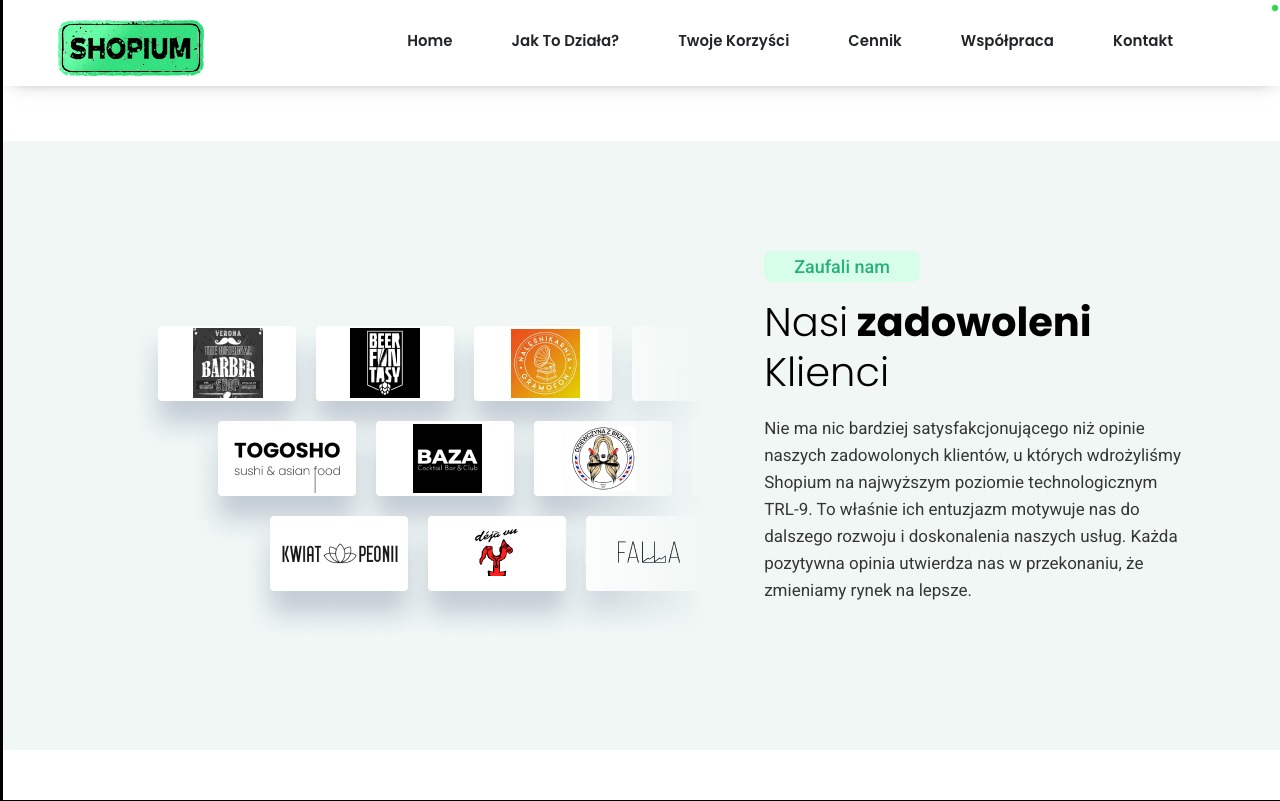 Strona internetowa z sekcją 'Nasi zadowoleni Klienci', prezentująca logotypy firm partnerskich, takich jak Verona Barber, Beer Fantasy, Halcenikarnia Oramocon, Togosho sushi, Baza Cocktail Bar...