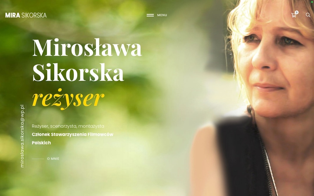Strona internetowa reżyserki Mirosławy Sikorskiej z menu i danymi kontaktowymi.
