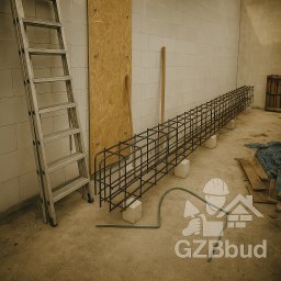 GZB - Kompleksowe prace ziemne, murarskie - Zbrojenie belki fundamentowej ułożone na bloczkach w surowym wnętrzu. Widoczna drabina, deska i narzędzia. Przygotowanie do zalewania betonem.