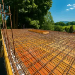 Zbrojenie stropu budynku jednorodzinnego z widocznym deskowaniem i wystającymi prętami zbrojeniowymi. W tle zieleń drzew i błękitne niebo.