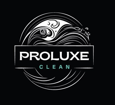 Logo firmy sprzątającej Proluxe Clean, z motywem stylizowanych fal i czcionką bezszeryfową na czarnym tle.