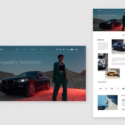 WEBYJUICE SPÓŁKA Z OGRANICZONĄ ODPOWIEDZIALNOŚCIĄ - Prezentacja responsywnego projektu strony internetowej na ekranie, ukazująca czarny SUV na tle pustynnego krajobrazu z kobiecą sylwetką w zielonym garniturze, z widocznym logo klienta i menu...