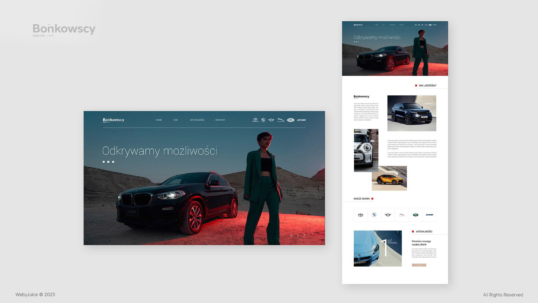 Prezentacja responsywnego projektu strony internetowej na ekranie, ukazująca czarny SUV na tle pustynnego krajobrazu z kobiecą sylwetką w zielonym garniturze, z widocznym logo klienta i menu...