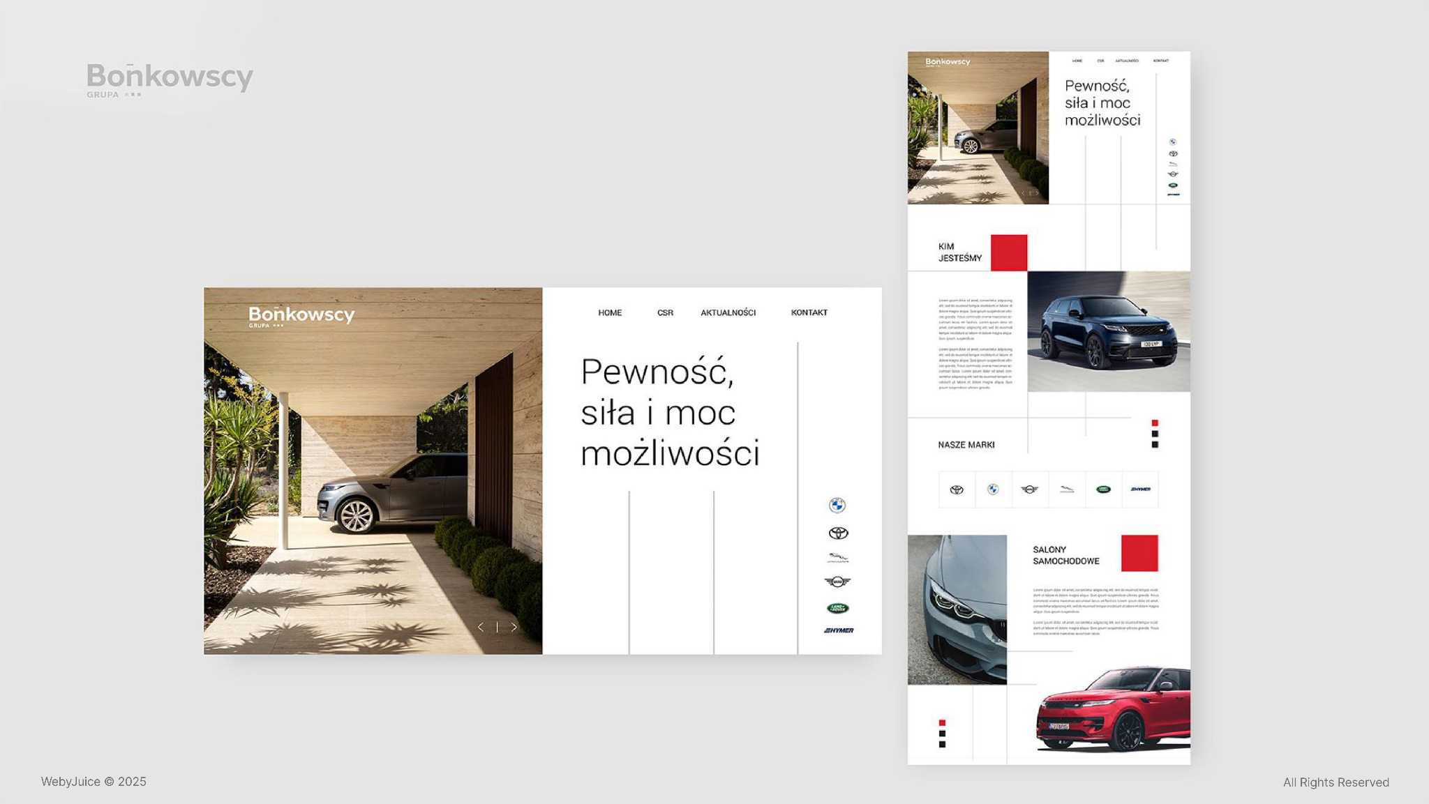 Projekt strony internetowej prezentujący samochody marki Bońkowscy, z nowoczesnym designem i minimalistycznym układem graficznym.