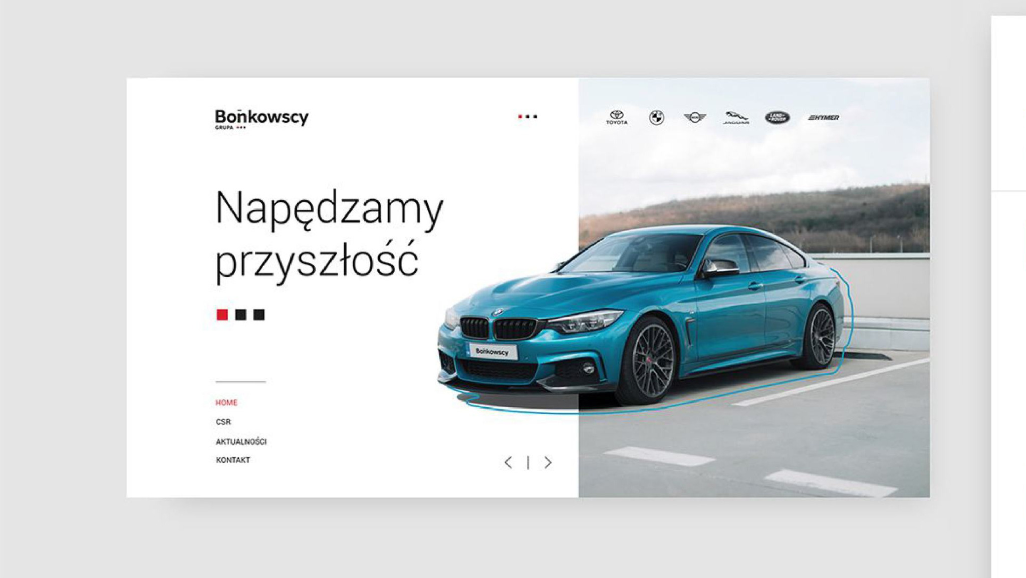 Projekt strony internetowej z turkusowym samochodem BMW na parkingu, logo różnych marek samochodów w prawym górnym rogu, minimalistyczny design.
