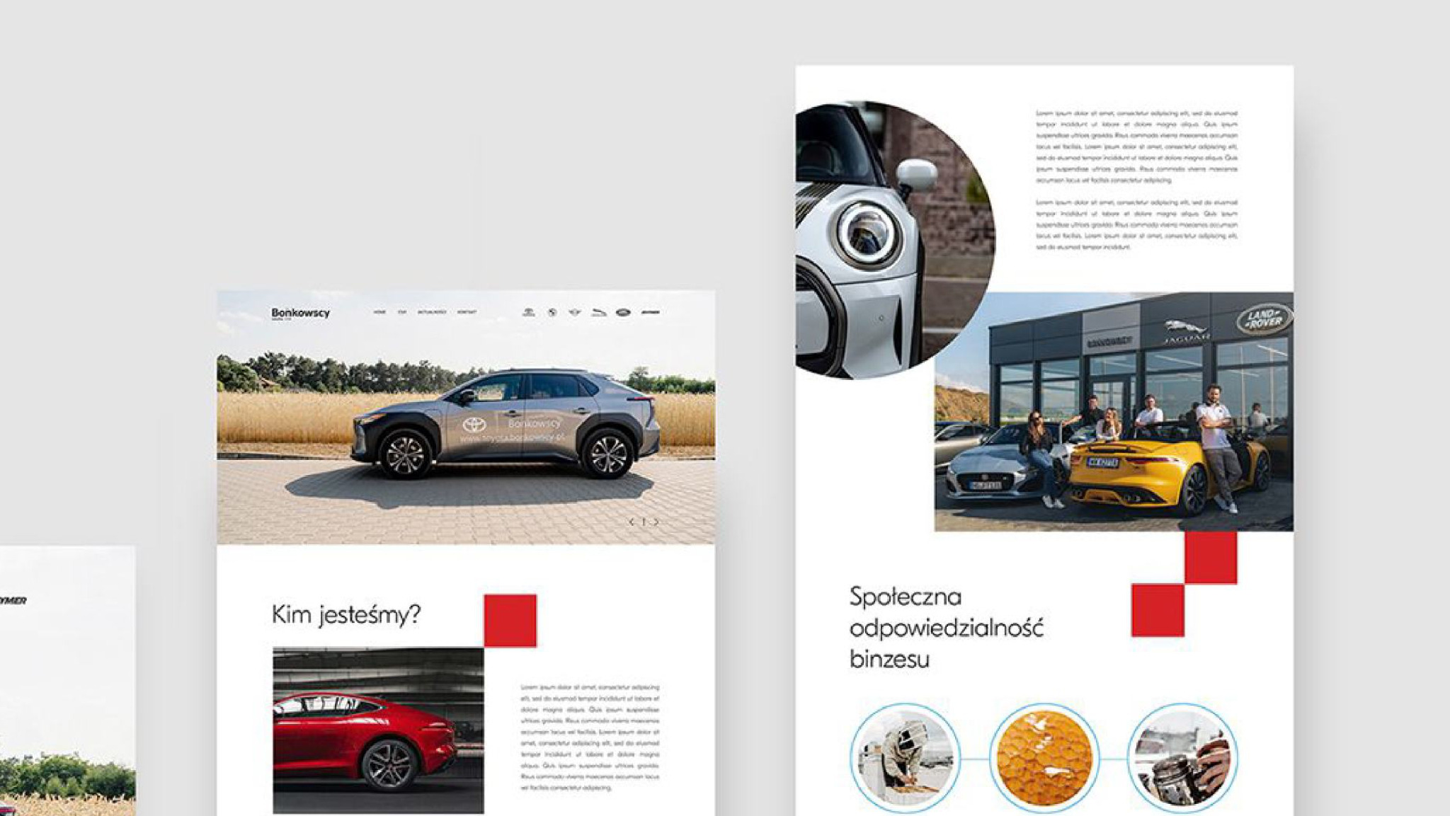 Projekt strony internetowej dealera samochodowego z widocznymi zdjęciami aut i elementami identyfikacji wizualnej, w tym logo i hasła reklamowe.