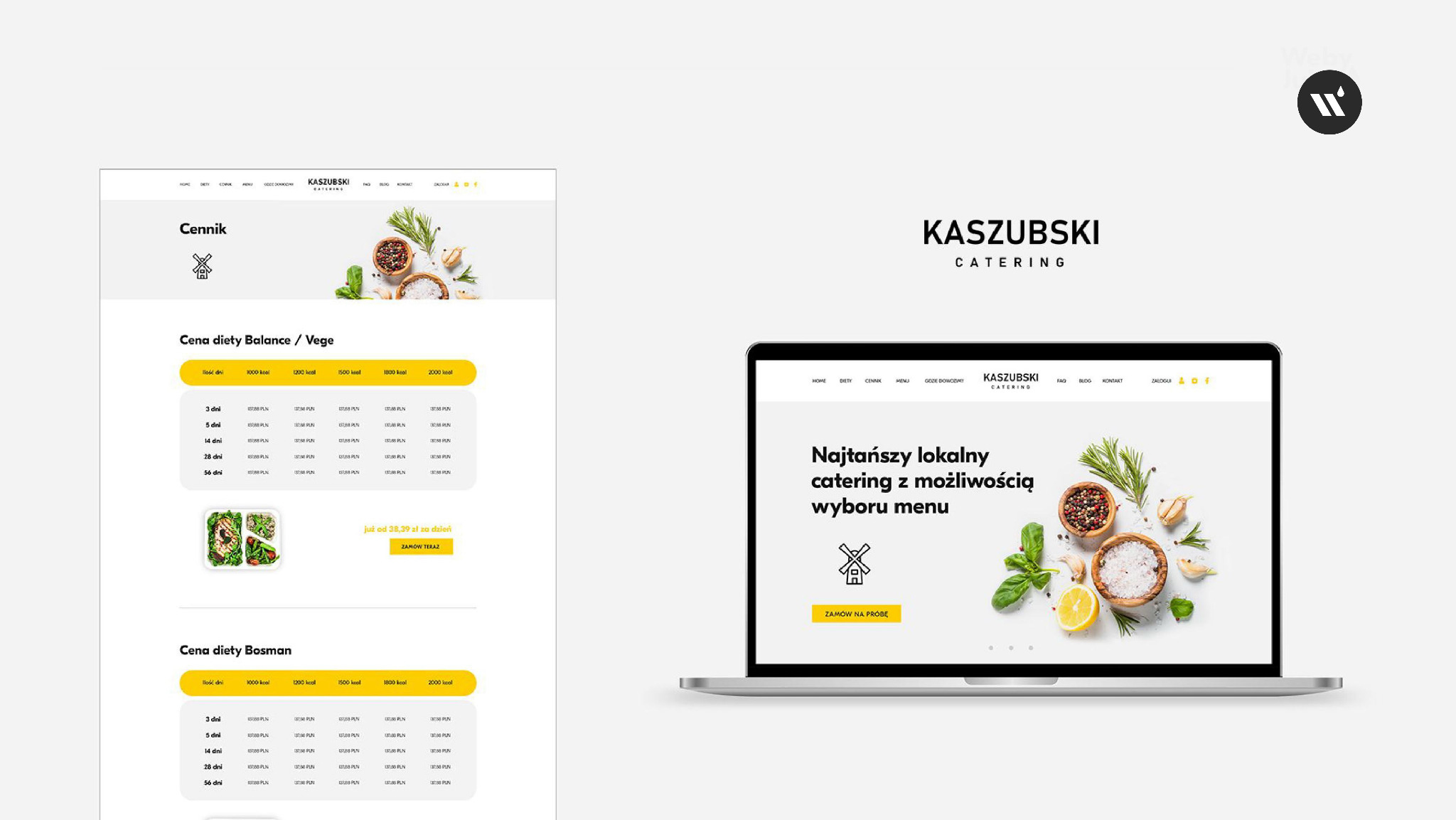 Prezentacja responsywnego projektu strony internetowej firmy cateringowej na laptopie, obok widoczny fragment strony na smartfonie.