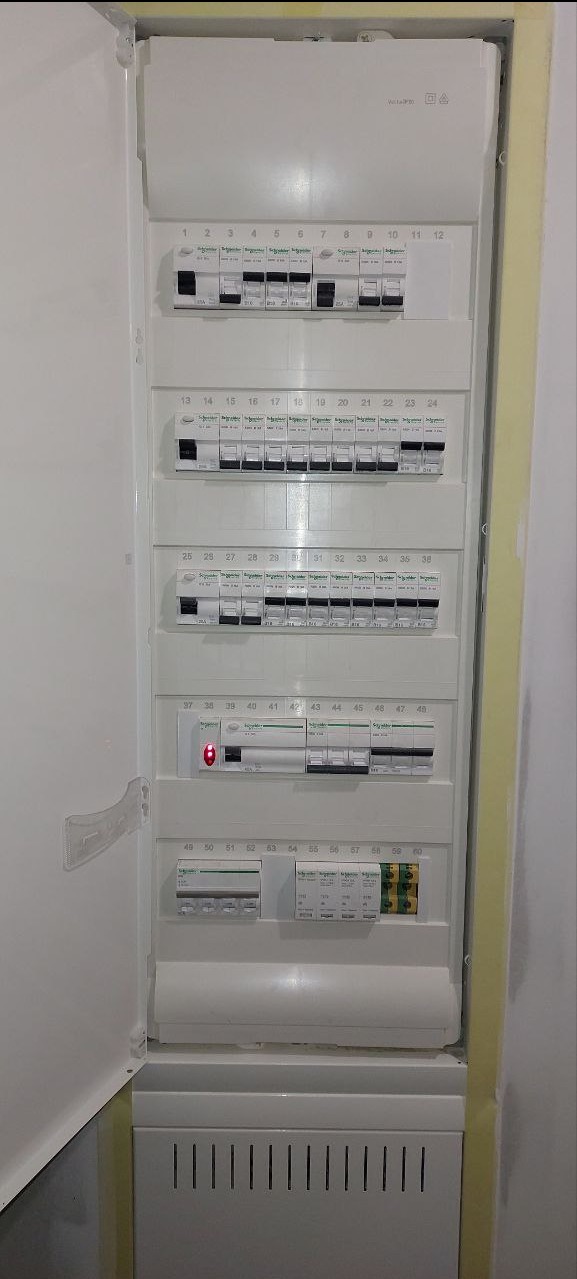 Otwarta skrzynka elektryczna z numerowanymi wyłącznikami, widoczny czerwony wskaźnik na jednym z nich, białe wnętrze skrzynki, szara ściana w tle.