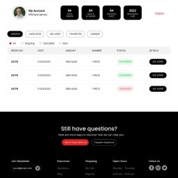Prosta Koncepcja - Panel użytkownika sklepu internetowego z listą zamówień, zawierający informacje o numerze zamówienia, dacie, kwocie, ilości sztuk i statusie (potwierdzone, anulowane), z przyciskiem 'Zobacz więcej'.