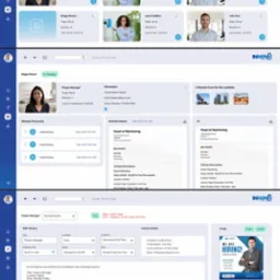 Interfejs aplikacji rekrutacyjnej z listą kandydat&oacute;w, szczeg&oacute;łami profilu, raportami z rozm&oacute;w kwalifikacyjnych i kreatywną grafiką ogłoszenia o pracę z hasłem 'We are hiring!'