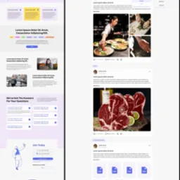 Projekt strony internetowej z elementami UI/UX, przedstawiająca różne sekcje i układ strony, z przykładami treści i grafik. Widoczne nagłówki, bloki tekstowe, zdjęcia i przyciski. Demonstracja...