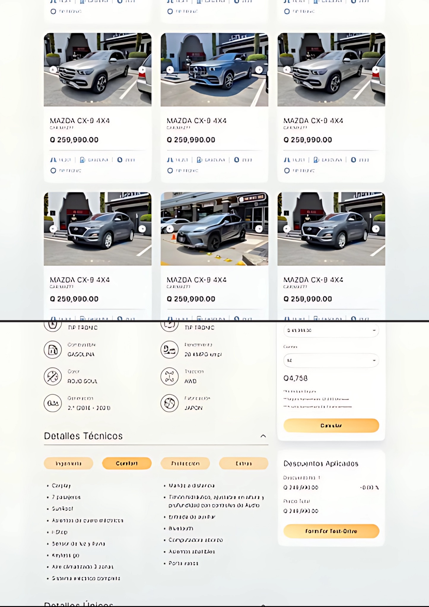 Prezentacja interfejsu strony internetowej z ofertą sprzedaży samochodów Mazda CX-0 i CX-8 4x4, z widocznymi zdjęciami aut, cenami i specyfikacją techniczną.