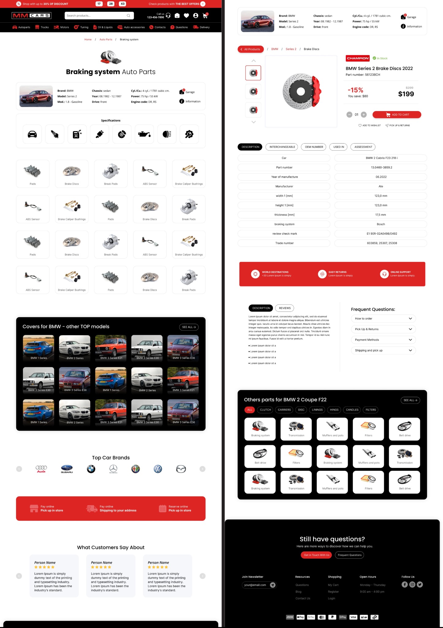 E-commerce website showcasing BMW Series 2 brake discs (2022 model) with a 15% discount, displaying product specifications, customer reviews, and related parts for BMW 2 Coupe F22.