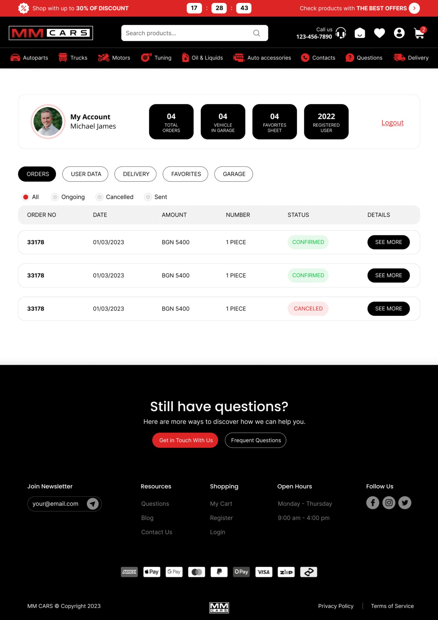 Panel użytkownika sklepu internetowego z listą zamówień, zawierający informacje o numerze zamówienia, dacie, kwocie, ilości sztuk i statusie (potwierdzone, anulowane), z przyciskiem 'Zobacz więcej'.