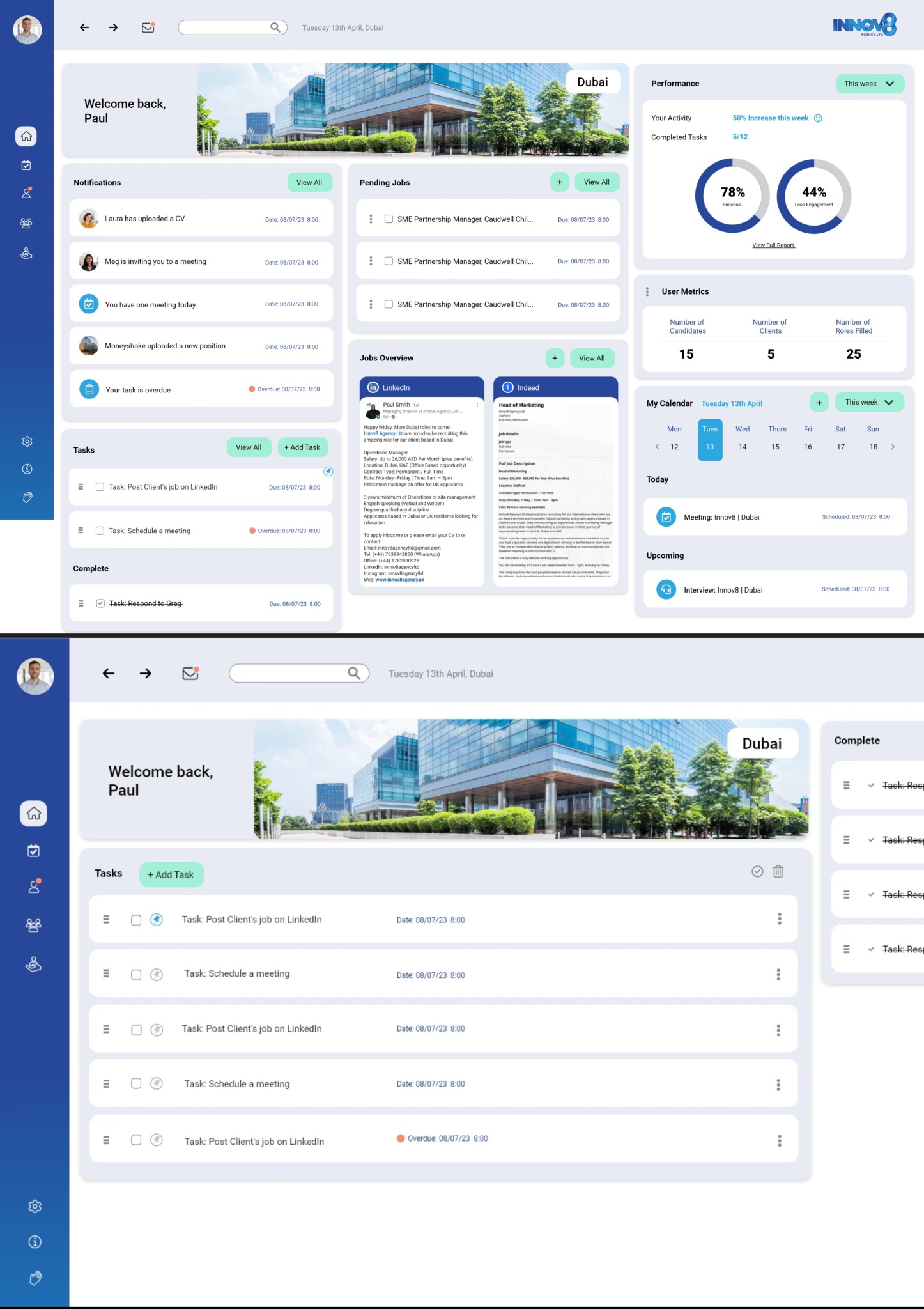 Panel interfejsu użytkownika aplikacji do zarządzania zadaniami i rekrutacji, z widokiem kalendarza, listą zadań i statystykami wydajności, na tle panoramy Dubaju.