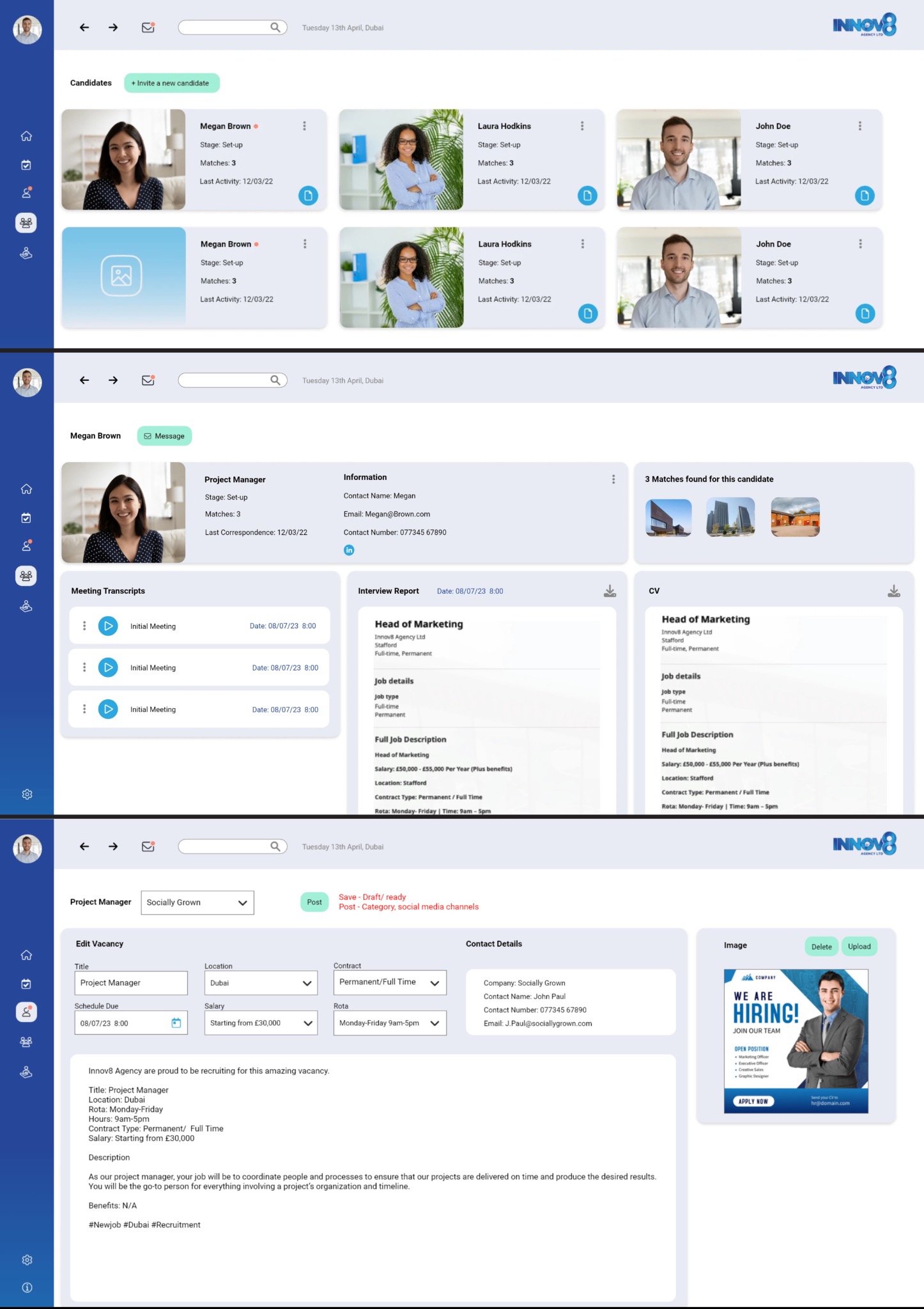 Interfejs aplikacji rekrutacyjnej z listą kandydatów, szczegółami profilu, raportami z rozmów kwalifikacyjnych i kreatywną grafiką ogłoszenia o pracę z hasłem 'We are hiring!'